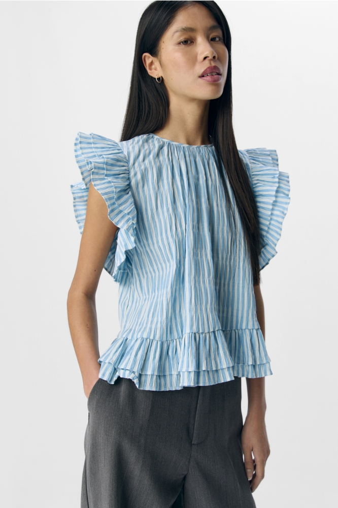 OBJFINE RE S/L O-NECK FRILL TOP 139 23046859 Cornflower Blue/Stripes